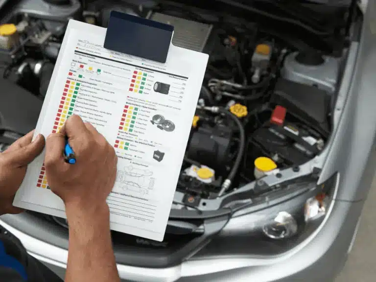 Hand holding a printed inspection checklist over an open engine bay