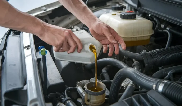 Hands pouring a bottle of oil into an engine bay