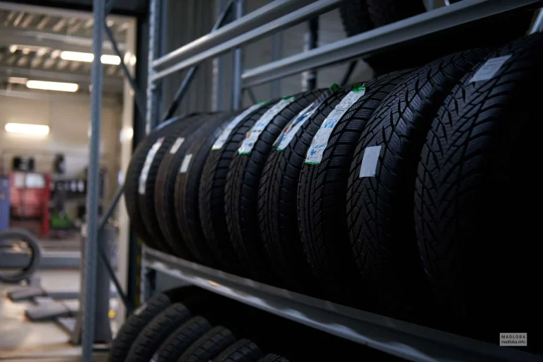 Rack of new tires in a tire shop