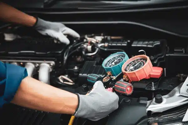 Hands holding an AC gauge manifold in an engine bay