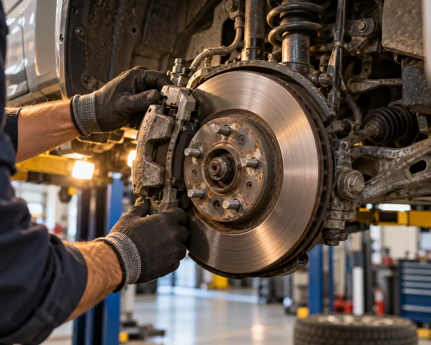 Technician working on brakes and suspension during auto repair in Brantford
