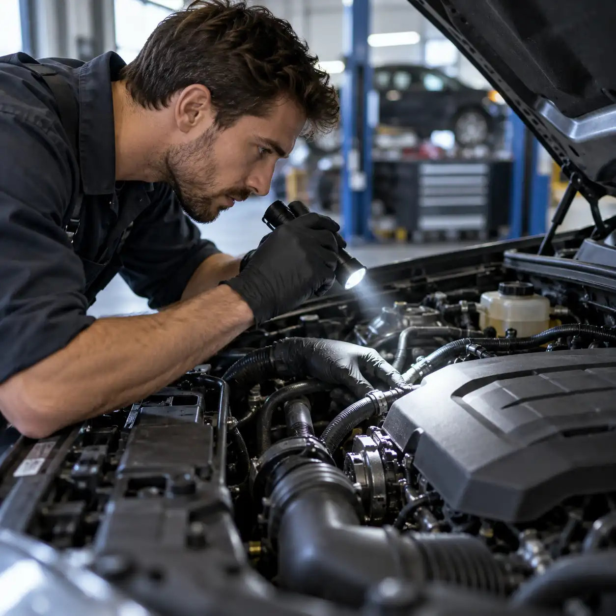 Mechanic diagnosing a vehicle problem under the hood in Brantford