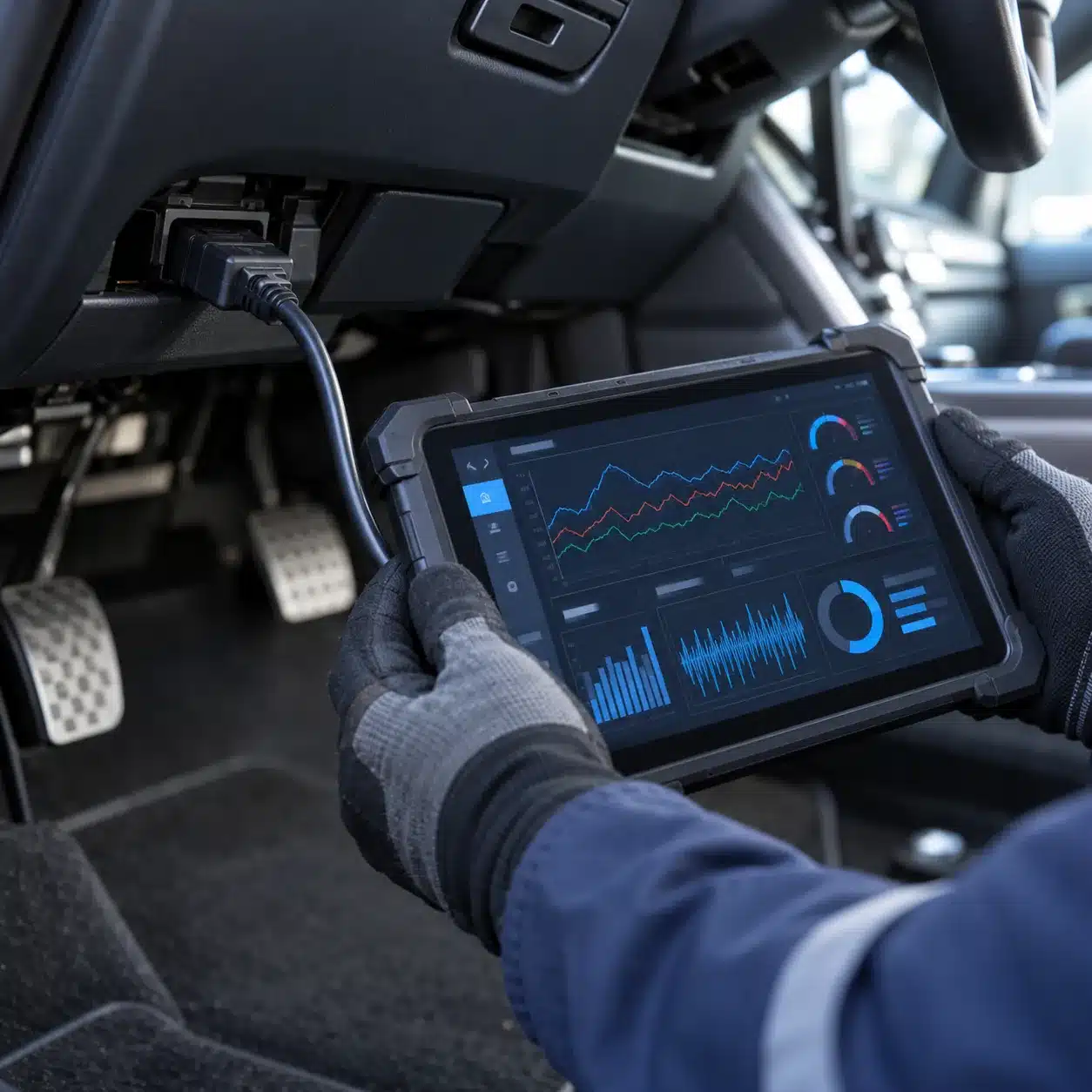 Technician reading transmission diagnostic data on a scan tool