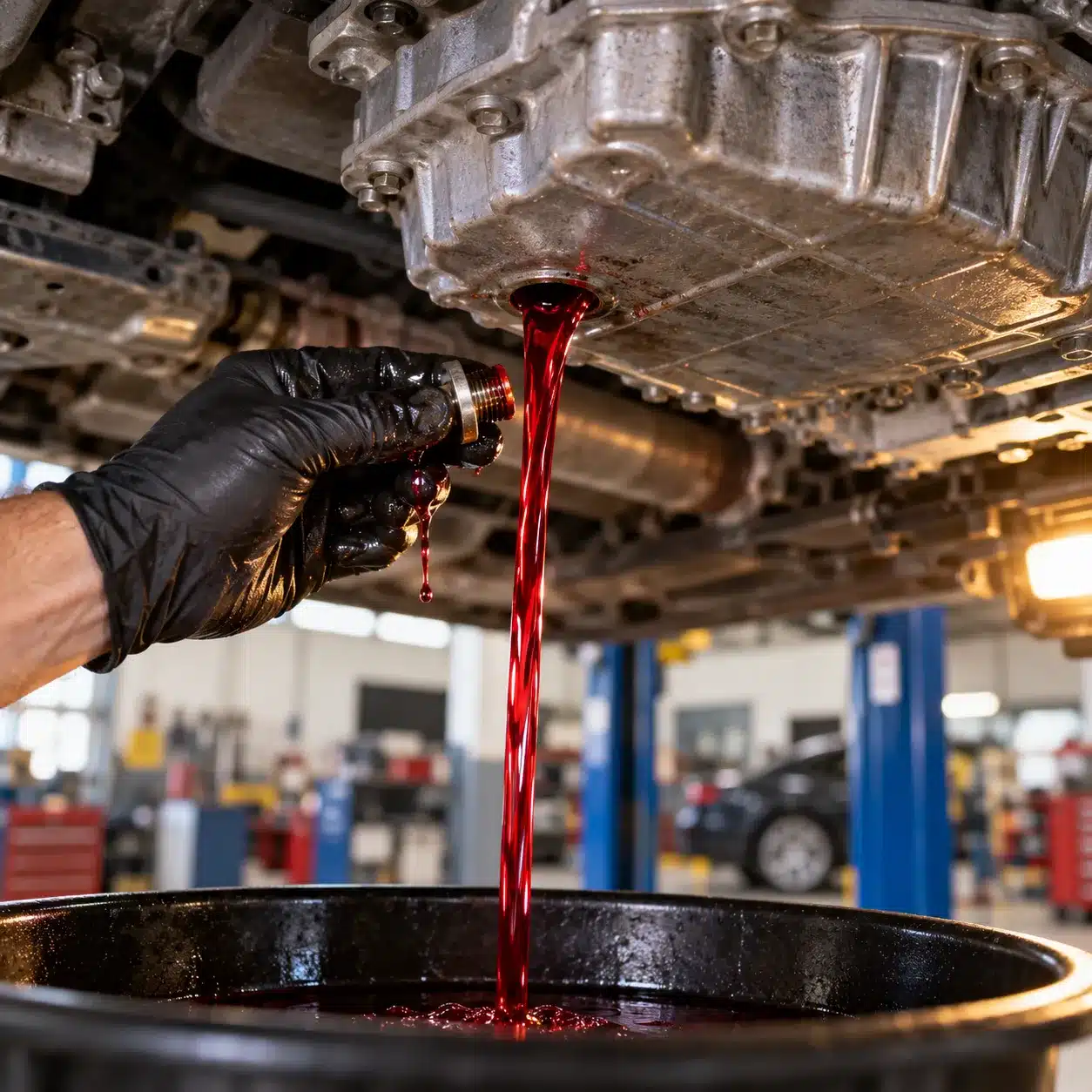 Transmission fluid being drained during a transmission service