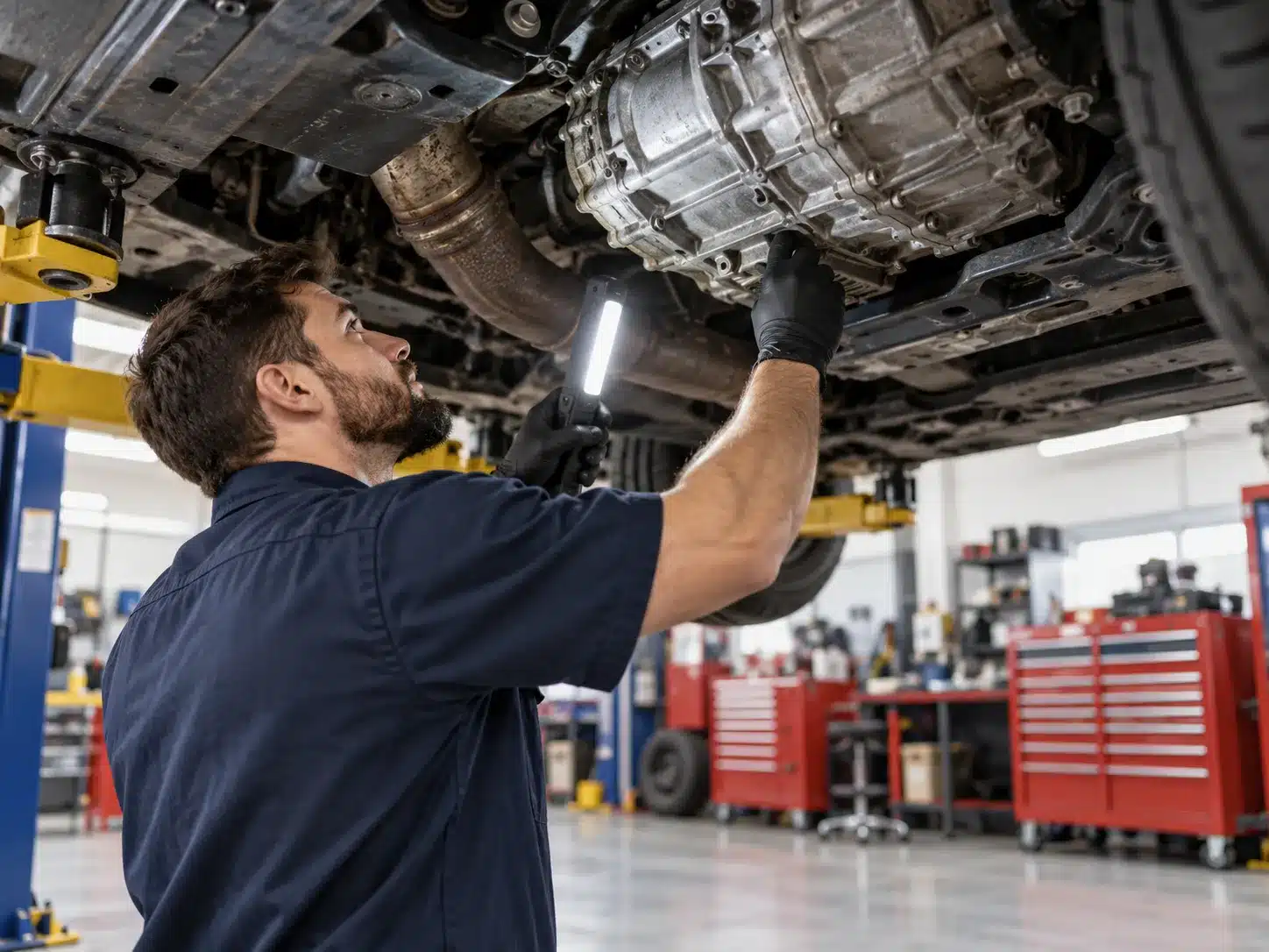 Technician inspecting a vehicle transmission at Tech Savvy Automotive in Brantford