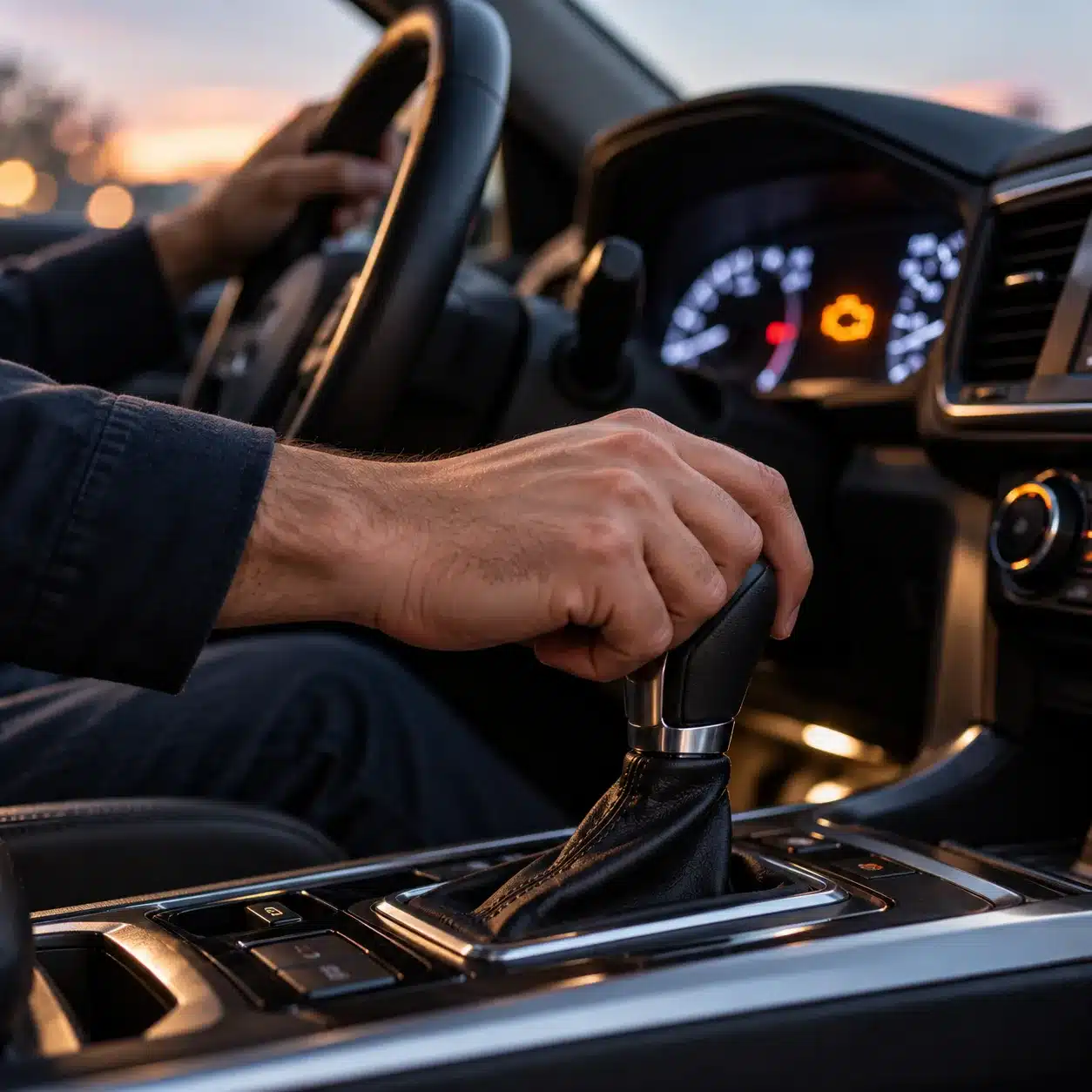 Driver's hand on an automatic gear shifter with a dashboard warning light on