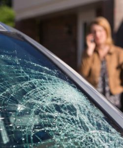 Cracked windshield with a woman on the phone in the driveway behind