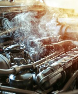 Open engine bay with steam rising