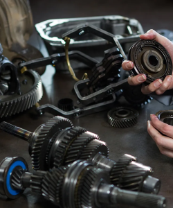 Disassembled transmission gears laid out on a workbench