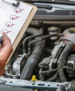 Hand holding an inspection checklist marked with red checkmarks